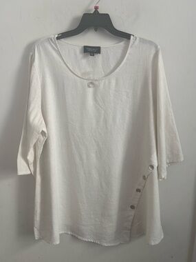 Jones & Co Womens Blouse Linen Blend 1X White Langenlook 3/4 Sleeve Coastal